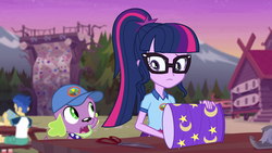 Size: 1920x1080 | Tagged: safe, screencap, flash sentry, sci-twi, spike, spike the regular dog, twilight sparkle, dog, equestria girls, g4, my little pony equestria girls: legend of everfree, camp everfree logo, camp everfree outfits, cap, female, glasses, hat, male, ponytail, spike's dog collar