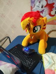 Size: 768x1024 | Tagged: safe, artist:nekokevin, sunset shimmer, pony, unicorn, g4, computer, controller, female, irl, laptop computer, mare, photo, plushie, poster, sitting, smiling, solo