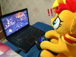 Size: 1024x768 | Tagged: safe, artist:nekokevin, sunset shimmer, pony, unicorn, g4, computer, controller, exclamation point, female, irl, laptop computer, mare, monster hunter, monster hunter world, photo, plushie, sitting, smiling, solo