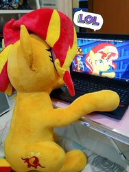 Size: 768x1024 | Tagged: safe, artist:nekokevin, sunset shimmer, pony, unicorn, equestria girls, equestria girls specials, g4, mirror magic, computer, cute, female, irl, laptop computer, lol, mare, photo, plushie, raised hoof, self ponidox, sitting, smiling, solo