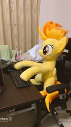 Size: 576x1024 | Tagged: safe, artist:nekokevin, spitfire, pegasus, pony, g4, chair, computer mouse, female, irl, keyboard, mare, photo, plushie, raised hoof, sitting, smiling, solo, table