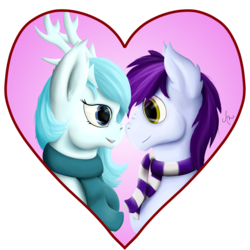 Size: 2000x2000 | Tagged: safe, artist:tunrae, oc, oc:breeze, oc:tree, pony, clothes, commission, female, heart, high res, horns, lineless, love, male, scarf, shipping, simple background, straight, transparent background