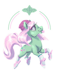 Size: 700x900 | Tagged: safe, artist:goodafterwoon, minty, pony, g3, :p, clothes, converse, female, hairclip, hat, mlem, prancing, shoes, silly, sneakers, socks, solo, tongue out, trainers