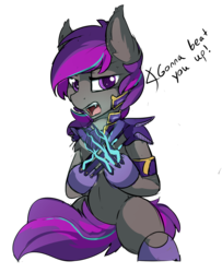 Size: 1618x1996 | Tagged: safe, artist:beardie, oc, oc only, oc:platinum wing, bat pony, pony, armor, bat pony oc, dialogue, ear fluff, female, guardsmare, hoof blades, looking at you, mare, night guard, open mouth, royal guard, simple background, sitting, solo, talking to viewer, transparent background, weapon