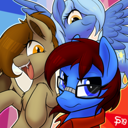 Size: 1280x1280 | Tagged: safe, artist:suspega, derpibooru exclusive, oc, oc only, oc:crumpets, oc:wind shear, oc:yan, bat pony, earth pony, pegasus, pony, abstract background, angry, annoyed, blue eyes, blue mane, brown mane, bust, chest fluff, clothes, fangs, female, flying, glasses, grumpy, hair over one eye, happy, looking down, looking up, male, mare, no nose, open mouth, orange eyes, polo shirt, shirt, slit pupils, smiling, spread wings, stallion, trio, wings, yellow eyes