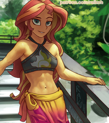 Size: 663x748 | Tagged: safe, artist:grissaecrim, sunset shimmer, equestria girls, equestria girls series, g4, abs, beach babe, belly button, bikini, bikini top, clothes, colored pupils, cute, female, grin, lidded eyes, looking at you, midriff, sarong, shimmerbetes, sleeveless, smiling, smirk, solo, stairs, summer sunset, swimsuit, toned