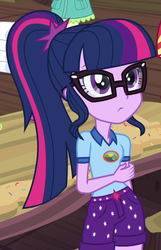 Size: 436x678 | Tagged: safe, screencap, fluttershy, sci-twi, sunset shimmer, twilight sparkle, equestria girls, g4, my little pony equestria girls: legend of everfree, camp everfree logo, camp everfree outfits, clothes, cropped, female, glasses, offscreen character, ponytail, shorts