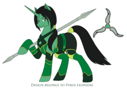 Size: 1986x1385 | Tagged: safe, artist:pyrus-leonidas, pony, unicorn, series:mortal kombat:defenders of equestria, clothes, crossover, female, jade (mortal kombat), mare, mortal kombat, ponified, simple background, smiling, spear, transparent background, weapon