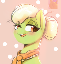 Size: 666x699 | Tagged: safe, artist:tre, granny smith, earth pony, pikachu, pony, g4, adorasmith, blushing, bust, cute, female, lidded eyes, mare, pokémon, portrait, solo, young granny smith, younger
