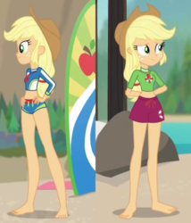 Size: 2048x2397 | Tagged: safe, artist:noguitom, edit, screencap, applejack, blue crushed, equestria girls, g4, my little pony equestria girls: better together, turf war, applejack's beach shorts swimsuit, barefoot, beach, beautiful, clothes, comparison, feet, geode of super strength, high res, legs, lifeguard, lifeguard applejack, magical geodes, sexy, stupid sexy applejack, summer, swimsuit