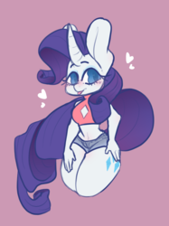 Size: 1280x1707 | Tagged: safe, artist:weepingwitheredwillows, rarity, unicorn, anthro, g4, :p, bare shoulders, belly button, big ears, blushing, boob window, clothes, colored pupils, cute, female, heart, horn, midriff, purple background, raribetes, shorts, silly, simple background, solo, tongue out