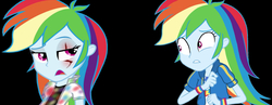 Size: 1946x754 | Tagged: safe, rainbow dash, fanfic:rainbow factory, equestria girls, equestria girls series, g4, clothes, duality, eye scar, geode of super speed, lab coat, magical geodes, rainbow factory dash, scar, scared, self paradox, spectra