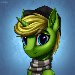 Size: 3000x3000 | Tagged: safe, alternate version, artist:setharu, oc, oc only, oc:arcane tesla, pony, unicorn, blue eyes, clothes, fedora, hat, high res, male, scarf, solo, stallion