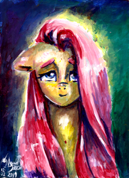 Size: 3051x4224 | Tagged: safe, artist:manny b.garcia, artist:mannybcadavera, fluttershy, pony, g4, 2019, acrylic painting, bust, colored background, female, floppy ears, front view, full face view, lidded eyes, looking at you, portrait, signature, solo, traditional art