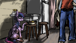 Size: 3840x2160 | Tagged: safe, artist:danton-y17, twilight sparkle, alicorn, human, pony, g4, barefoot, bowl, clothes, dirty, duo, feet, female, food, head out of frame, high res, mare, pants, plate, pony pet, refrigerator, shirt, sitting, stool, twilight sparkle (alicorn)