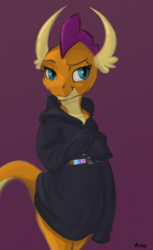 Size: 1168x1903 | Tagged: safe, artist:kam, smolder, dragon, g4, abstract background, clothes, dragoness, female, hips, hoodie, long sleeves, looking at you, signature, solo