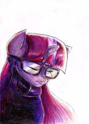 Size: 2085x2875 | Tagged: safe, artist:manny b.garcia, artist:mannybcadavera, moondancer, pony, unicorn, g4, colored pencil drawing, feelings, female, glasses, high res, purple palette, sadness, simple background, solo, traditional art, white background