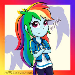 Size: 1600x1601 | Tagged: safe, artist:ro994, rainbow dash, equestria girls, equestria girls series, g4, clothes, crossed arms, female, geode of super speed, jacket, magical geodes, pants, solo, wristband