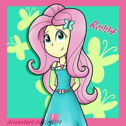 Size: 1500x1500 | Tagged: safe, artist:ro994, fluttershy, equestria girls, equestria girls series, g4, 2018, clothes, dress, female, geode of fauna, hands behind back, magical geodes, smiling, solo