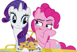 Size: 373x250 | Tagged: safe, artist:seahawk270, pinkie pie, rarity, earth pony, pony, unicorn, castle sweet castle, g4, blueberry, female, food, mare, pancakes, simple background, strawberry, table, transparent background, vector, whipped cream