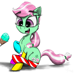 Size: 2000x1974 | Tagged: safe, artist:chopsticks, minty (g4), earth pony, pony, g4, sundae sundae sundae, spoiler:interseason shorts, cheek fluff, chest fluff, clothes, cute, ear fluff, female, food, g3 to g4, generation leap, ice cream, mare, mintybetes, open mouth, simple background, smiling, socks, solo, striped socks