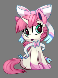Size: 226x301 | Tagged: safe, artist:lilfunkman, oc, oc only, oc:ducky ink, pony, sylveon, unicorn, bow, cute, female, gray background, hair bow, mare, pokémon, simple background, sitting, solo