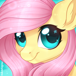Size: 833x833 | Tagged: safe, artist:redchetgreen, fluttershy, pegasus, pony, g4, bust, close-up, cute, ear fluff, female, looking at you, mare, portrait, shyabetes, signature, smiling, solo, starry eyes, wingding eyes