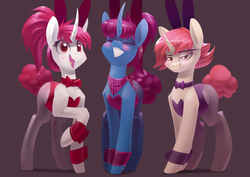 Size: 3508x2480 | Tagged: safe, artist:underpable, oc, oc only, oc:altus bastion, oc:ruby, oc:specialist sunflower, pony, unicorn, bandana, blushing, bowtie, bunny ears, bunny suit, clothes, cuffs (clothes), cute, eyes closed, female, giant pony, high res, leotard, looking at you, macro, mare, necktie, open mouth, pantyhose, playboy bunny, purple background, raised hoof, simple background, smiling, smirk, trio