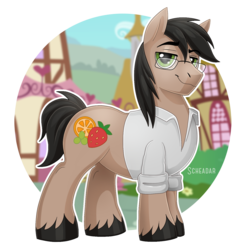 Size: 1200x1200 | Tagged: safe, artist:scheadar, oc, oc only, oc:fruitsallad, earth pony, pony, clothes, glasses, looking at you, male, ponyville, solo, stallion