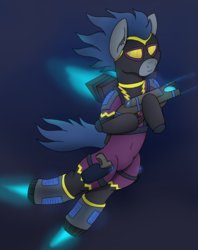 Size: 3200x4032 | Tagged: safe, artist:tacomytaco, descent, pegasus, pony, g4, clothes, costume, flying, futuristic, gun, holster, jetpack, male, shadowbolts, shadowbolts (nightmare moon's minions), shadowbolts costume, solo, weapon