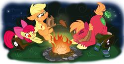 Size: 3600x1869 | Tagged: safe, artist:trish forstner, apple bloom, applejack, big macintosh, earth pony, pony, g4, :p, annoyed, apple siblings, bow, campfire, carrot, cooking, face down ass up, fart, female, filly, fire, floppy ears, food, frown, glare, grin, hoof hold, looking at you, male, mare, marshmallow, mismatched eyes, night, nose wrinkle, one eye closed, prone, roasting, silly, sitting, smiling, stallion, stick, toasted marshmallow, tongue out, unamused, unshorn fetlocks, wide eyes, wink