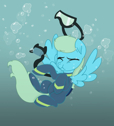 Size: 3819x4231 | Tagged: safe, artist:akira-devilman666, oc, oc only, oc:sea glow, pegasus, pony, accident, air tank, bubble, dive mask, holding breath, rebreather, scuba diving, scuba gear, solo, underwater, wetsuit