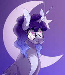 Size: 787x900 | Tagged: safe, artist:sararini, oc, oc only, oc:moonstruck, alicorn, pony, bust, female, glasses, mare, moon, portrait, solo