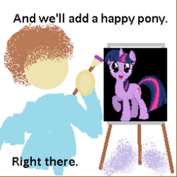 Size: 256x256 | Tagged: safe, twilight sparkle, human, g4, art, bob ross, bust, happy, portrait, text