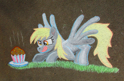 Size: 4127x2703 | Tagged: safe, artist:malte279, derpy hooves, pegasus, pony, g4, chalk drawing, cute, derpabetes, food, muffin, street art, tongue out, traditional art