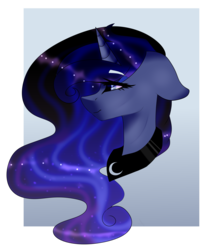 Size: 2500x2860 | Tagged: safe, artist:meatballsmom19, artist:sugarynoodle, princess luna, pony, g4, abstract background, bust, ethereal mane, female, floppy ears, high res, mare, missing accessory, open collaboration, peytral, smiling, solo, starry eyes, starry mane, wingding eyes