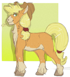 Size: 636x698 | Tagged: safe, artist:meatballsmom19, applejack, earth pony, pony, g4, leak, abstract background, applejack's hat, chest fluff, coat markings, cowboy hat, draft horse, female, hat, mare, missing cutie mark, redesign, solo, straw in mouth