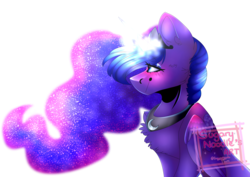 Size: 3000x2126 | Tagged: safe, artist:sugarynoodle, princess luna, alicorn, pony, g4, blushing, chest fluff, ethereal mane, eye clipping through hair, female, glowing horn, high res, horn, jewelry, mare, regalia, sidemouth, simple background, sitting, solo, starry mane, transparent background, watermark