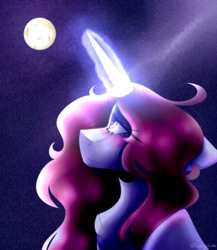 Size: 2602x3000 | Tagged: safe, artist:sugarynoodle, oc, oc only, oc:teddy heart, pony, unicorn, blushing, female, galaxy, glowing horn, high res, horn, looking up, mare, moon, moonlight, night, sidemouth, solo, stars