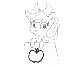 Size: 768x662 | Tagged: safe, artist:tjpones edits, edit, applejack, earth pony, pony, g4, apple, black and white, cropped, cute, ear fluff, female, food, grayscale, jackabetes, mare, monochrome, sign, simple background, smiling, solo, that pony sure does love apples, traditional art, white background