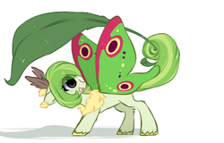 Size: 1389x891 | Tagged: safe, artist:php146, oc, oc only, monster pony, mothpony, original species, chibi, eye clipping through hair, leaf, simple background, solo, tail hold, white background