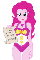 Size: 1631x2409 | Tagged: safe, artist:sumin6301, pinkie pie, equestria girls, equestria girls series, g4, clothes, d-generation x, female, geode of sugar bombs, grammar error, magical geodes, one-piece swimsuit, open mouth, out of character, paper, pink swimsuit, pinkie pie swimsuit, simple background, solo, suck it, swimsuit, text, transparent background, vector