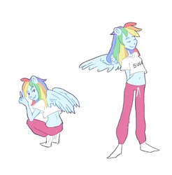 Size: 1280x1302 | Tagged: safe, artist:navy-pon, rainbow dash, human, g4, clothes, eyes closed, female, humanized, looking at you, looking back, looking back at you, pajamas, peace sign, pony coloring, shirt, simple background, socks, solo, t-shirt, western spy squat, white background, white socks, winged humanization, wings