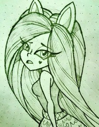 Size: 1460x1884 | Tagged: safe, artist:galacticflashd, fluttershy, equestria girls, g4, alternate design, alternate hairstyle, clothes, dress, female, monochrome, ponied up, sketch, solo, traditional art