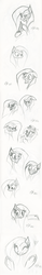 Size: 612x3960 | Tagged: safe, artist:cybertronikpony, derpy hooves, pinkie pie, pony, g4, chopper, creepy, expressions, grin, heart, pinkamena diane pie, sad, sketch, sketch dump, smiling