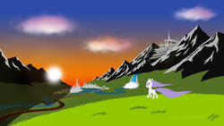 Size: 2845x1600 | Tagged: safe, artist:cybertronikpony, oc, oc only, oc:starlight, pony, fanfic:reach, mountain, river, scenery, solo, sun, sunset, water