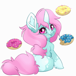Size: 560x560 | Tagged: safe, artist:kez, oc, oc only, oc:scoops, pony, unicorn, animated, donut, ear fluff, food, freckles, looking at you, markings, nom, over shoulder, simple background, sitting, solo, unicorn oc, white background