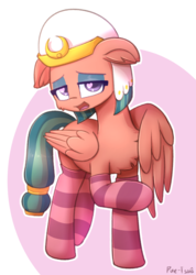 Size: 1233x1730 | Tagged: safe, artist:puetsua, somnambula, pegasus, pony, g4, chest fluff, clothes, cute, female, floppy ears, heart eyes, lidded eyes, looking at you, mare, open mouth, raised hoof, smiling, socks, stockings, striped socks, thigh highs, wingding eyes