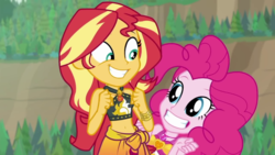 Size: 1920x1080 | Tagged: safe, screencap, pinkie pie, sunset shimmer, equestria girls, equestria girls series, g4, unsolved selfie mysteries, belly button, bikini, clothes, cute, diapinkes, geode of empathy, geode of sugar bombs, grin, magical geodes, sarong, shimmerbetes, sleeveless, smiling, swimsuit