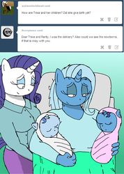 Size: 1280x1800 | Tagged: safe, artist:americananomaly, rarity, trixie, oc, oc:mystique, oc:trickster, anthro, g4, anthroquestria, baby, baby pony, female, lesbian, magical lesbian spawn, offspring, parent:rarity, parent:trixie, parents:rarixie, rarixie, shipping